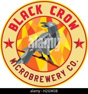 Low polygon style illustration of a crow bird perched on a piece of wood looking back set inside circle with the words Black Crow Microbrewery Co. Stock Vector
