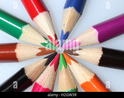 Colorful crayons in a circle, close-up Stock Photo