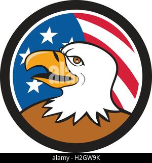 Illustration of an american bald eagle head smiling viewed from the side with usa american stars and stripes flag in the background set inside circle done in cartoon style. Stock Vector