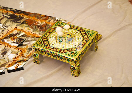 Stool ready for Indian Bride before performing the Haldi Ceremony Stock Photo