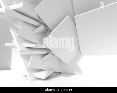 Abstract white interior background, installation of chaotically square blocks near wall of empty room. 3d illustration, computer Stock Photo