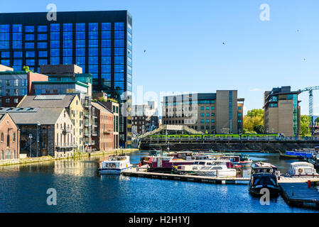 Grand Canal Dock Dublin with the boat collection of the Waterways Ireland Visitor Centre Stock Photo