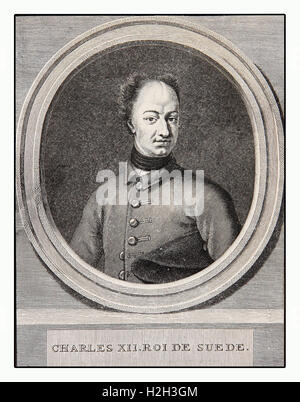 Engraving portrait of Charles XII king of Sweden, military leader, able tactician and politician Stock Photo