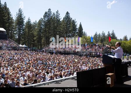 U.S. President Barack Obama addresses a crowd on climate change during the 20th Anniversary Lake Tahoe Summit at the Lake Tahoe Outdoor Arena August 31, 2016 in Lake Tahoe, Nevada. Stock Photo