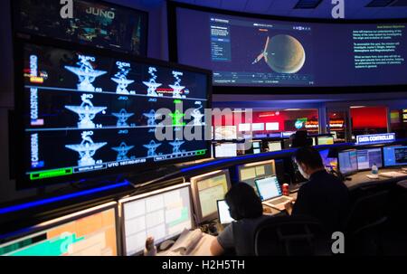 NASA scientists track the Juno spacecraft from the mission control room at the Jet Propulsion Laboratory July 4, 2016 in Pasadena, California. Juno launched in 2011, and is now beginning its 20-month orbit around Jupiter.