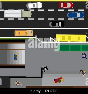 Plot road, highway, street, with the store. Underground crossing. Crossroads. Bus stop. With different cars. Top view of the highway illustration Stock Vector