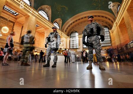 National Guard soldiers patrol Grand Central Station following bombings in Manhattan and New Jersey September 20, 2016 in New York, New York. Stock Photo