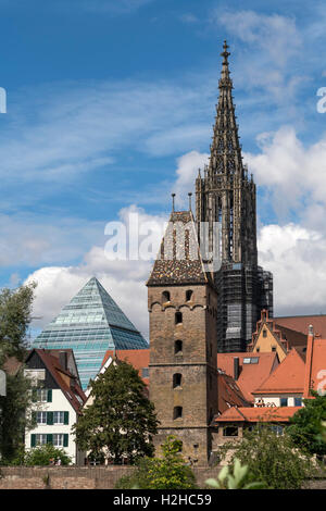 Metzgerturm or butchers' tower with Glass Pyramid of the central library and the Ulm Minster, Ulm, Baden-Württemberg, Germany, Stock Photo