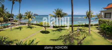 Indonesia, Bali, Candi Dasa, view from Hotel Genggong across to Nusa Penida, panoramic Stock Photo