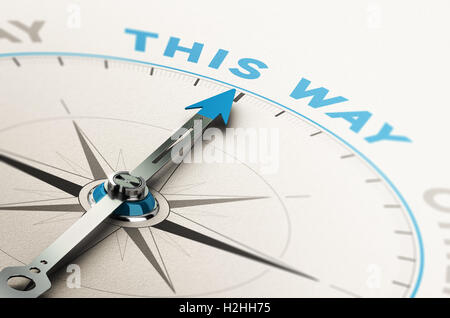 3D illustration of a compass with needle pointing the right way, good direction concept. Blue and brown tones Stock Photo