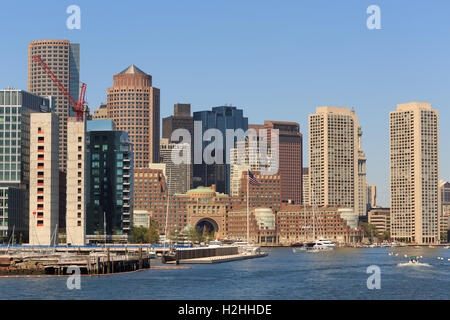 A photograph of the Boston Waterfront, as seen from a boat on Boston Harbor. Stock Photo