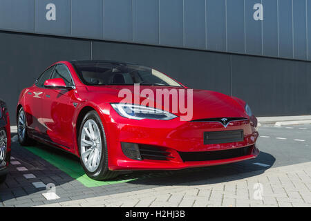 TILGURG, NETHERLANDS - SEPTEMBER 25, 2016: TESLA  MODEL-S. Tesla Motors Assembly Plant in Tilburg, Netherlands. Stock Photo