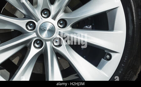 TILGURG, NETHERLANDS - SEPTEMBER 25, 2016: TESLA  MODEL-S Detail on logo on wheel. Tesla Motors Assembly Plant in Tilburg, Neth Stock Photo