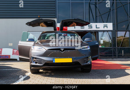 TILGURG, NETHERLANDS - SEPTEMBER 25, 2016: TESLA  MODEL-X interior. Tesla Motors Assembly Plant in Tilburg, Netherlands. Stock Photo