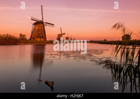 Windmills of Kinderdijk near Rotterdam in Netherlands. Colorful spring scene in the famous Kinderdijk canals with windmills, UNE Stock Photo
