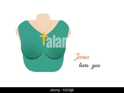 christian cross on a chain hanging on woman's neck Stock Vector