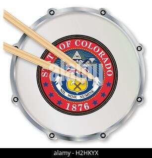 Colorado state seal snare drum batter head with tuning screws and  with drumsticks over a white background Stock Vector