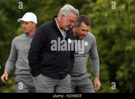 Europe team captain Darren Clarke (left) with Lee Westwood during a practice session ahead of the 41st Ryder Cup at Hazeltine National Golf Club in Chaska, Minnesota, USA. Stock Photo