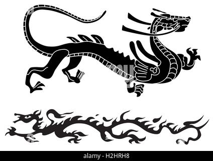 Vector illustration of two Chinese dragons. Black and white asian ...