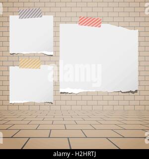 Torn white blank paper sheets stuck on brown brick wall Stock Vector