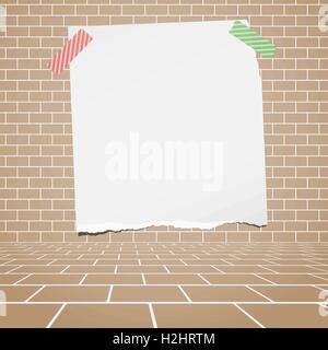 Torn white blank paper stuck on brown brick wall Stock Vector