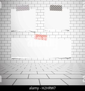 Torn white blank paper sheets stuck on gray brick wall Stock Vector
