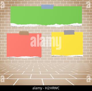 Torn colorful blank paper sheets stuck on brown brick wall Stock Vector