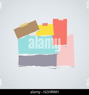 Ripped colorful notebook, note paper stacked on gray background Stock Vector