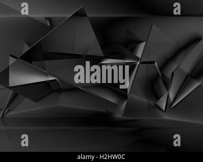 Abstract black cg background. Chaotically polygonal structure installation. 3d illustration, artistic computer graphic Stock Photo