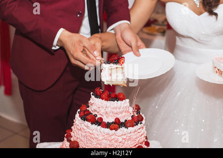 The couple at the wedding cut beautiful cake Stock Photo