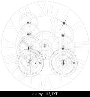 Clock mechanism. Wire-frame render Stock Photo