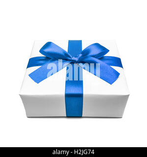 White gift box with blue ribbon bow, isolated on white Stock Photo