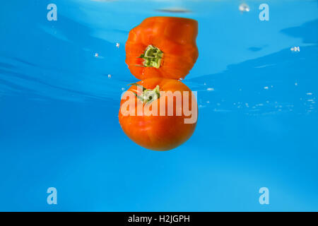 Tomato splashing in blue water Stock Photo