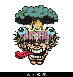 Mind-Blowing! Excited man head blowing up with eyes popping out and nuclear atomic explosion cartoon vector illustration Stock Vector