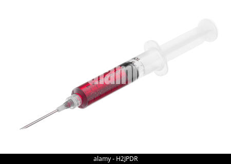 Single use syringe full of blood isolated on pure white background Stock Photo