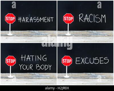 Photo collage of STOP messages written on chalkboard. Mini STOP sign over chalkboard background and table, concept images Stock Photo