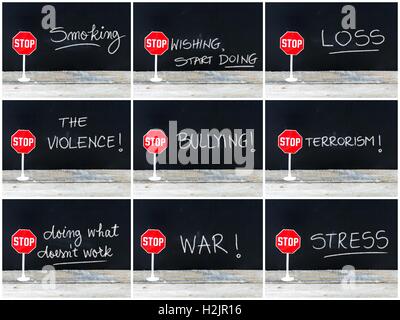 Photo collage of STOP messages written on chalkboard. Mini STOP sign over chalkboard background and table, concept images Stock Photo