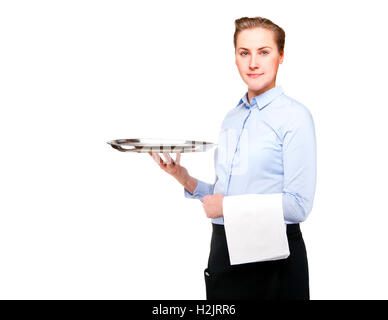 Waitress holding tray isolated over white background. Smiling. Stock Photo