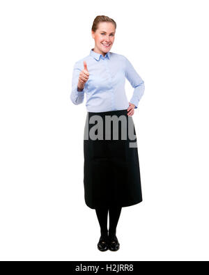 Waitress isolated onver white background showing ok sign, blond woman smiling. Stock Photo