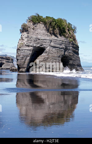 Elephant rock reflects in the black volcanic sand in North Taranaki, New Zealand. Stock Photo