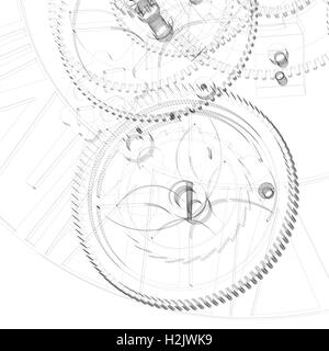 Clock mechanism. Wire-frame render Stock Photo