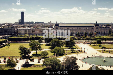 Aerial view of Jardin des Tuileries and Orangerie Museum in Paris. People hang out around pool in the park. Stock Photo