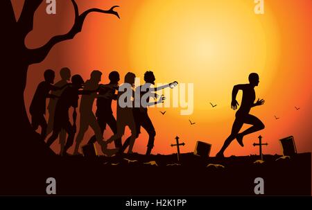 Runner run away from zombie group in the graveyard. Stock Vector