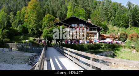 Berchtesgaden National Park Marktschellenberg Almbach klamm Gorge Canyon Bavaria Germany Europe. Restaurant at the beginning of