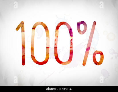 The word '100 Percent' written in watercolor washes over a white paper background concept and theme. Stock Photo