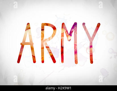 The word 'Army' written in watercolor washes over a white paper background concept and theme. Stock Photo