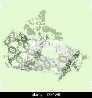 Map Canada covered in money, bank notes of one hundred dollars. On the map there is glass reflection. Conceptual. Stock Vector