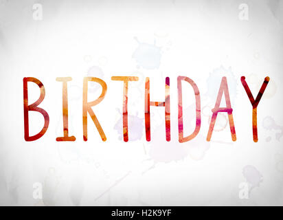 The word 'Birthday' written in watercolor washes over a white paper background concept and theme. Stock Photo