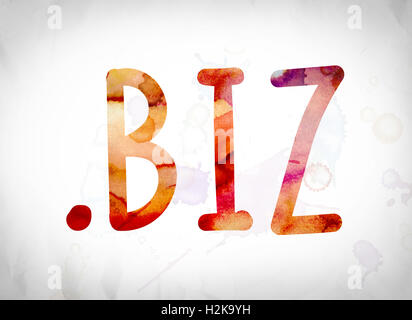 The word '.biz' written in watercolor washes over a white paper background concept and theme. Stock Photo