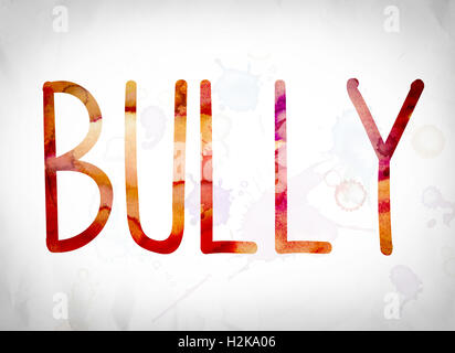 The word 'Bully' written in watercolor washes over a white paper background concept and theme. Stock Photo